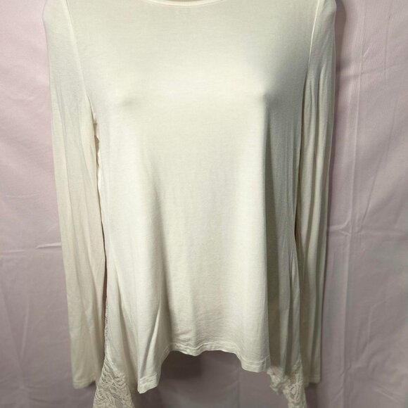 Women's White Long-Sleeve Top with Lace Backing Crossed Cut Split - Picture 2 of 6